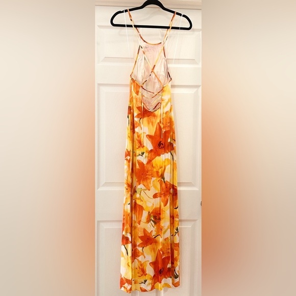 Guess Halter Neck Open Back Tropical Orange Floral Front Slit Maxi Dress sz 0 - Picture 9 of 14
